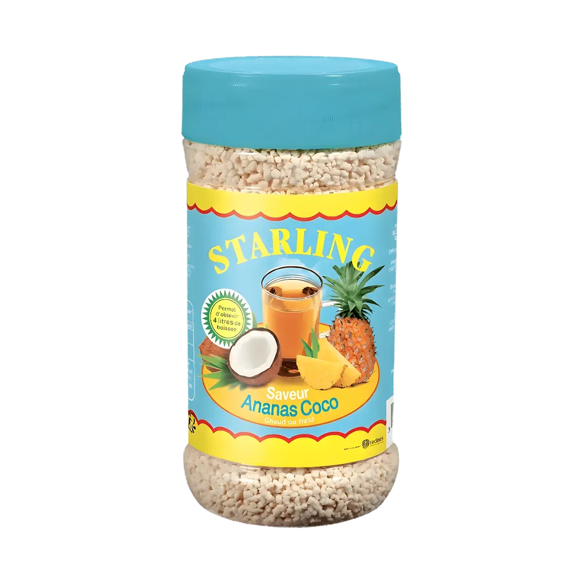 Boîte de thé instantané STARLING saveur ananas coco, avec visuel de fruits tropicaux sur l’étiquette, catégorie thé fruité.